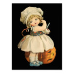 Girl Carving Apple Halloween Postcard