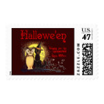 Vintage Halloween Cat and Owl Postage Stamps