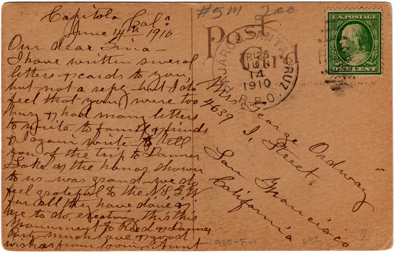 Back of postcard written by Patty Reed of the Donner Lake Party