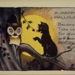 Vintage Halloween Postcard of the Cat Warning the Owl