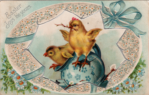 Blue Egg and Chicks Vintage Easter Postcard