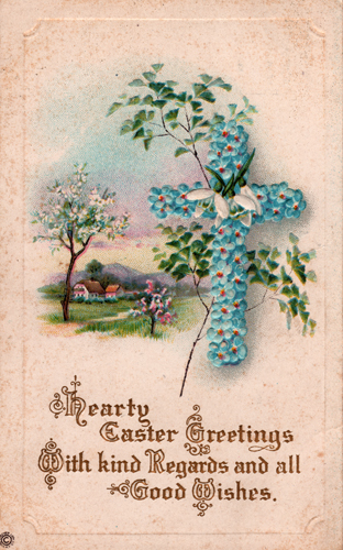 Easter Vintage Postcard - Cross of Blue Flowers