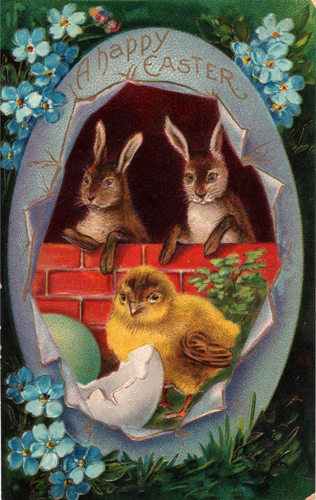 Easter Bunnies and Chick Vintage Postcard