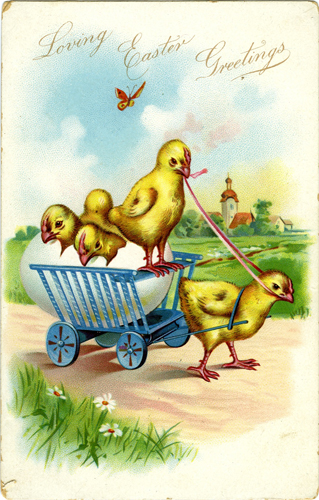 Chicky Wagon Vintage Easter Postcard