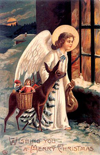 Vintage Postcard of a Christmas Angel With a Little Deer and Presents