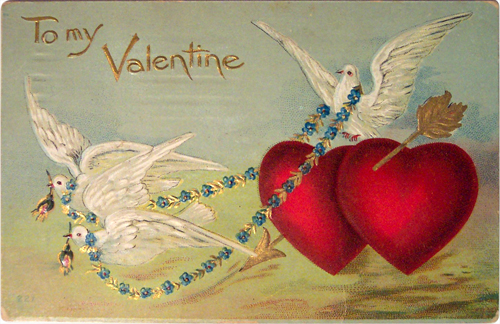 Vintage Valentine's Day Postcard of Doves and Hearts