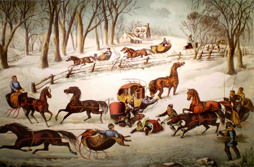 Vintage Currier and Ives Lithograph - A Spill Out on the Snow