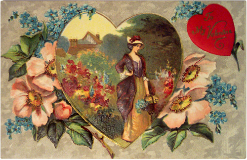 Victorian Woman with Heart and Flowers Valentine's Day Postcard