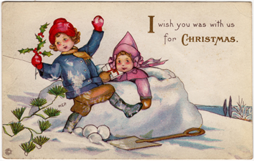Victorian Children Playing in Snow Christmas Postcard