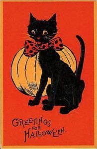 Retro Halloween Cat and Pumpkin postcard. Sam Gabriel 122 series.