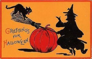 Retro Witch and Cat Seesaw on Broom and Pumpkin. Sam Gabriel Halloween Series 122-4.