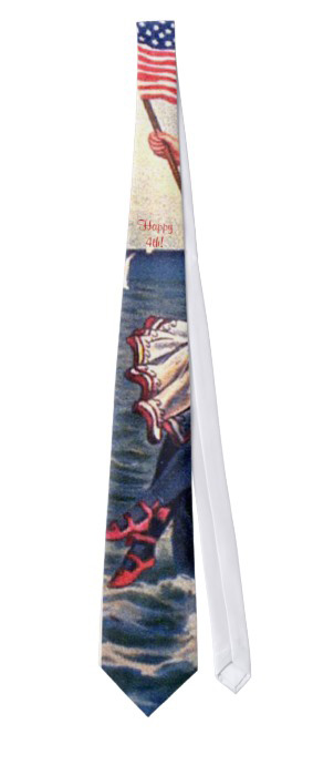 Neck tie showing a peek of a vintage girl's hand waving an American flag and her patriotic skirt and shoes below, in front of the ocean. Red, white and blue colors.
