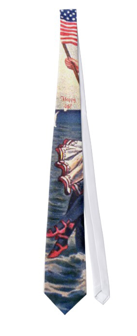 Cute Vintage Patriotic Neck Tie Neck tie showing a peek of a vintage girl's hand waving an American flag and her patriotic skirt and shoes below, in front of the ocean. Red, white and blue colors.