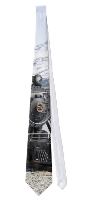 Old fashioned train steam engine in the snowy mountains neck tie.