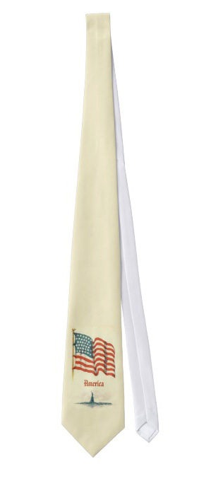 Patriotic neck tie with the American flag over the Statue of Liberty on an off white background.