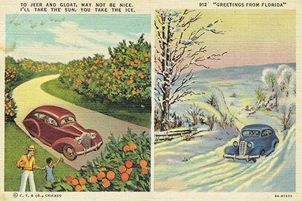 Vintage postcard, sunny Florida on left, snowy New England on right.